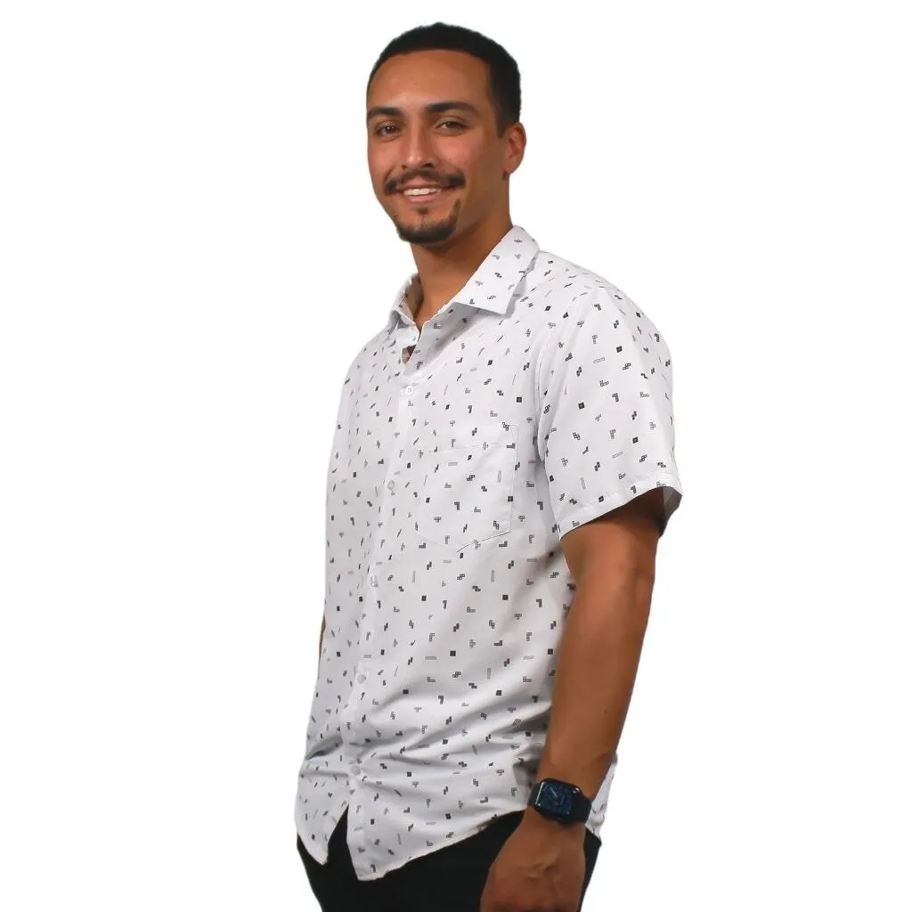 Tetris Grayscale Scattered White Button Up Shirt