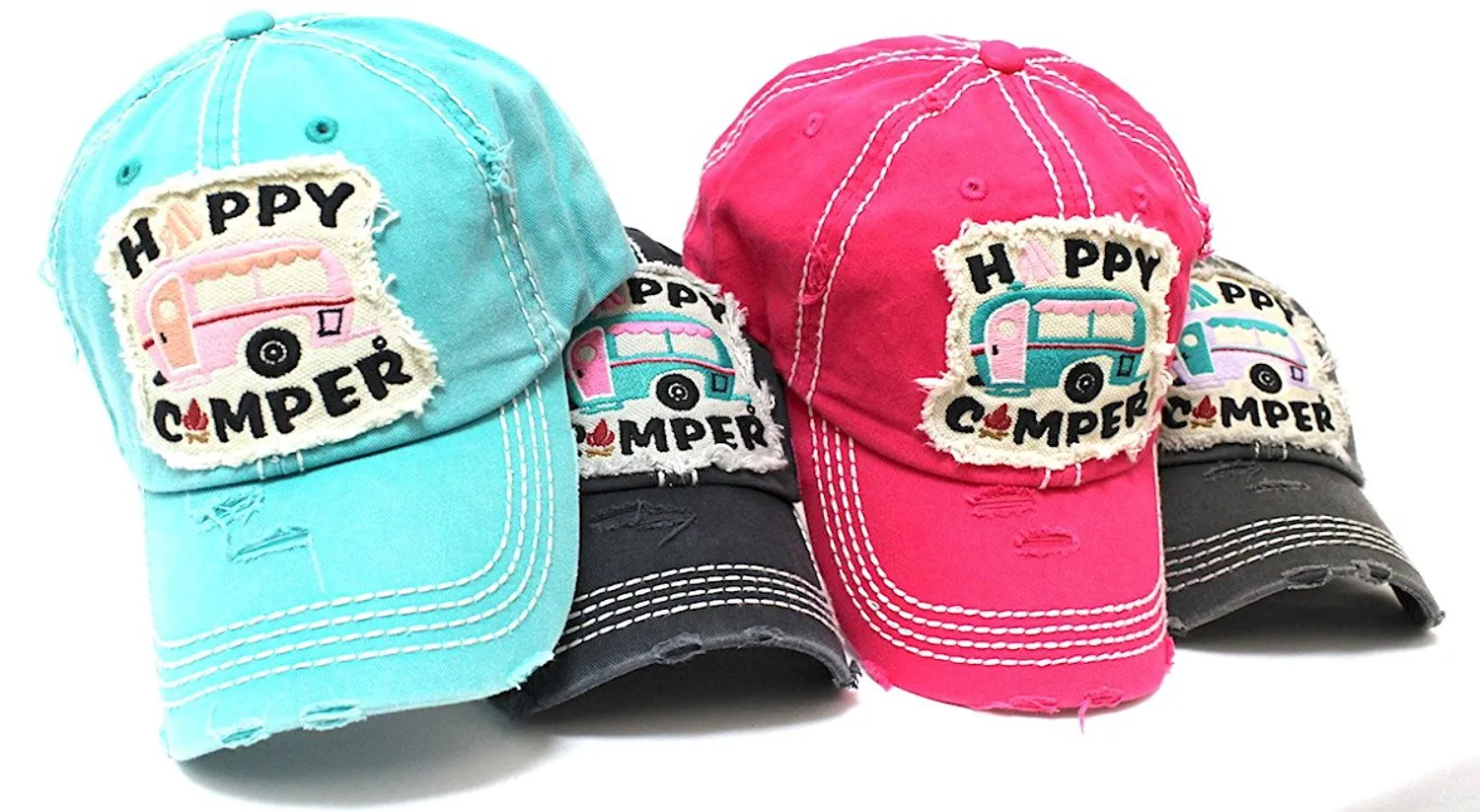 TIFFANY BLUE Happy Camper Camp Fire Patch Embroidery Baseball Hat