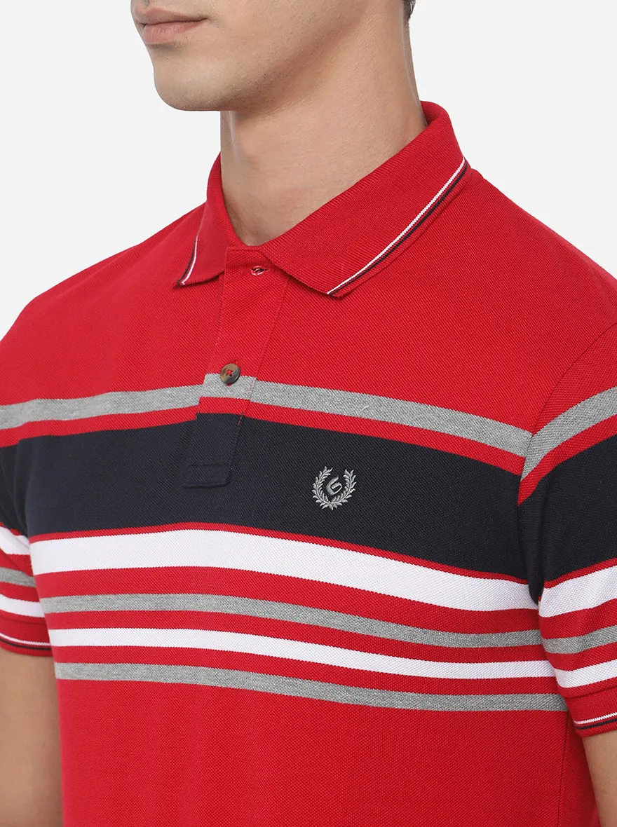 Tomato Red Striped Slim Fit Polo T-Shirt | Greenfibre