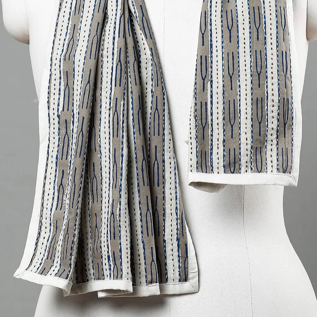 White - Bagru Block Printed Tagai Work Cotton Stole