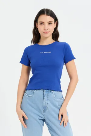 Women Blue Printed Rib T-Shirt