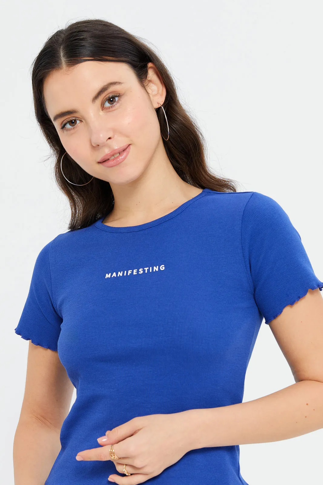 Women Blue Printed Rib T-Shirt