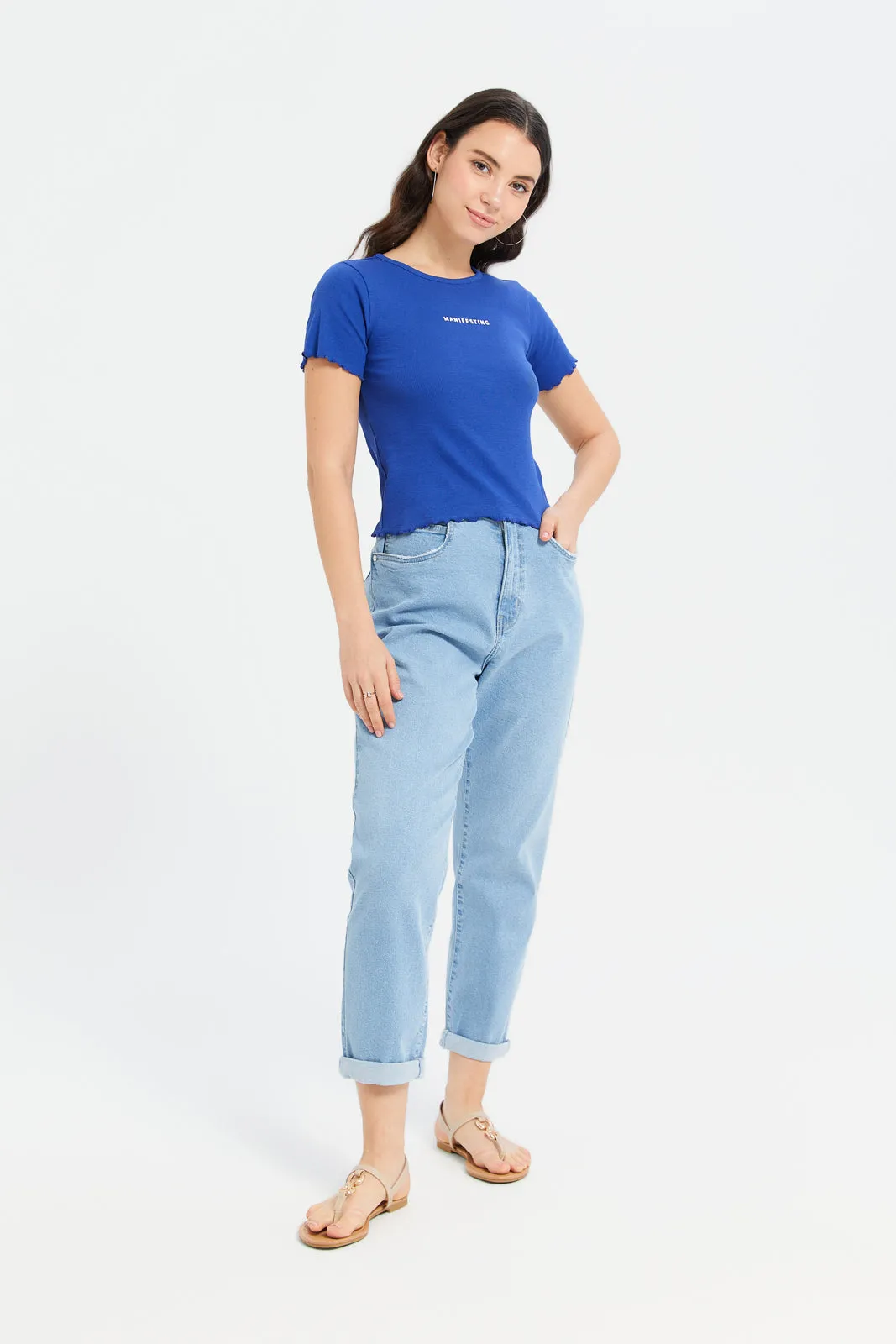 Women Blue Printed Rib T-Shirt