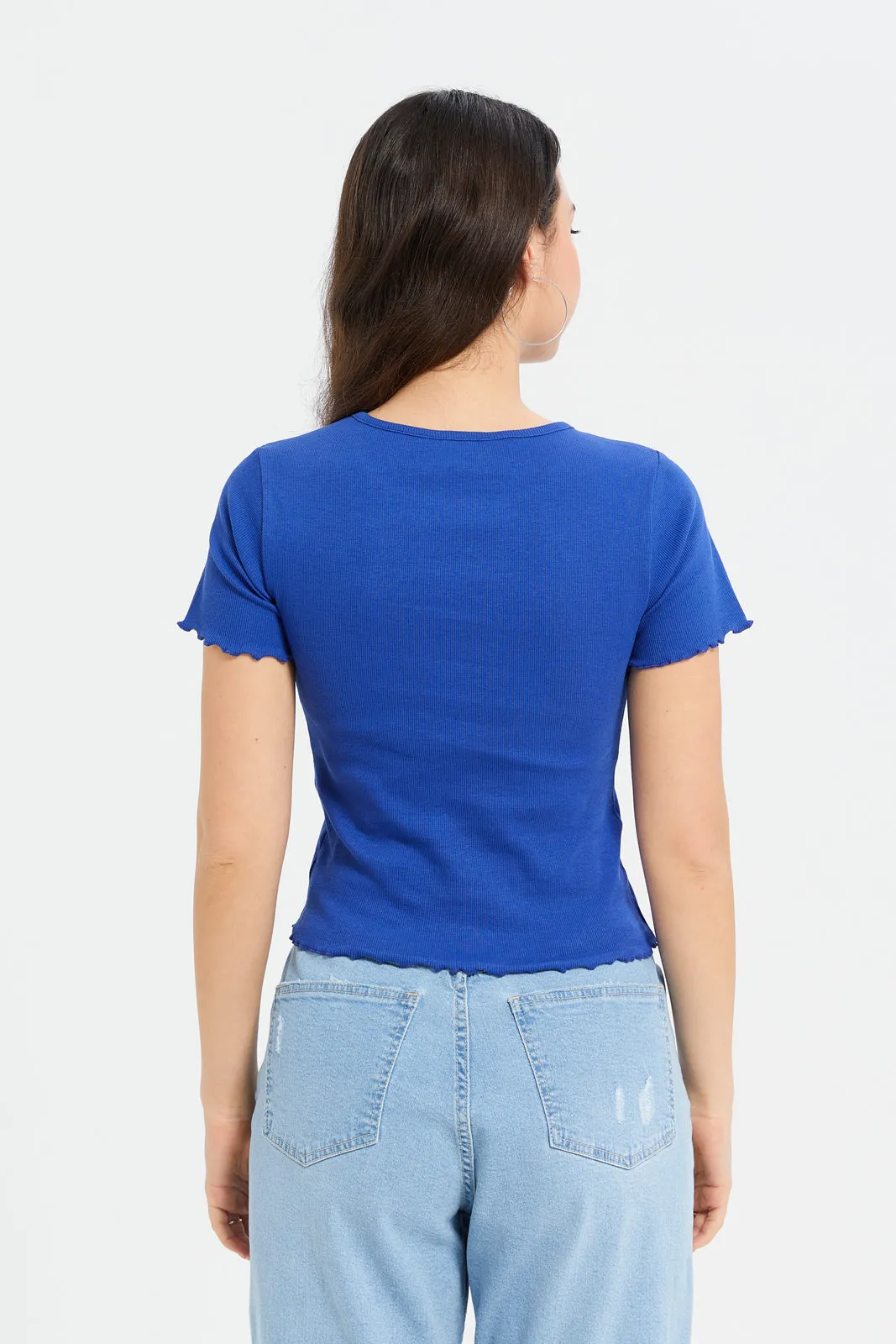 Women Blue Printed Rib T-Shirt