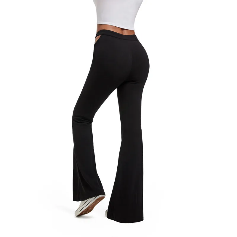 Women Clothing Ladies Waist Hollow Out Cutout Out Micro Pull Split Casual Trousers Solid Color Bell Bottom Pants