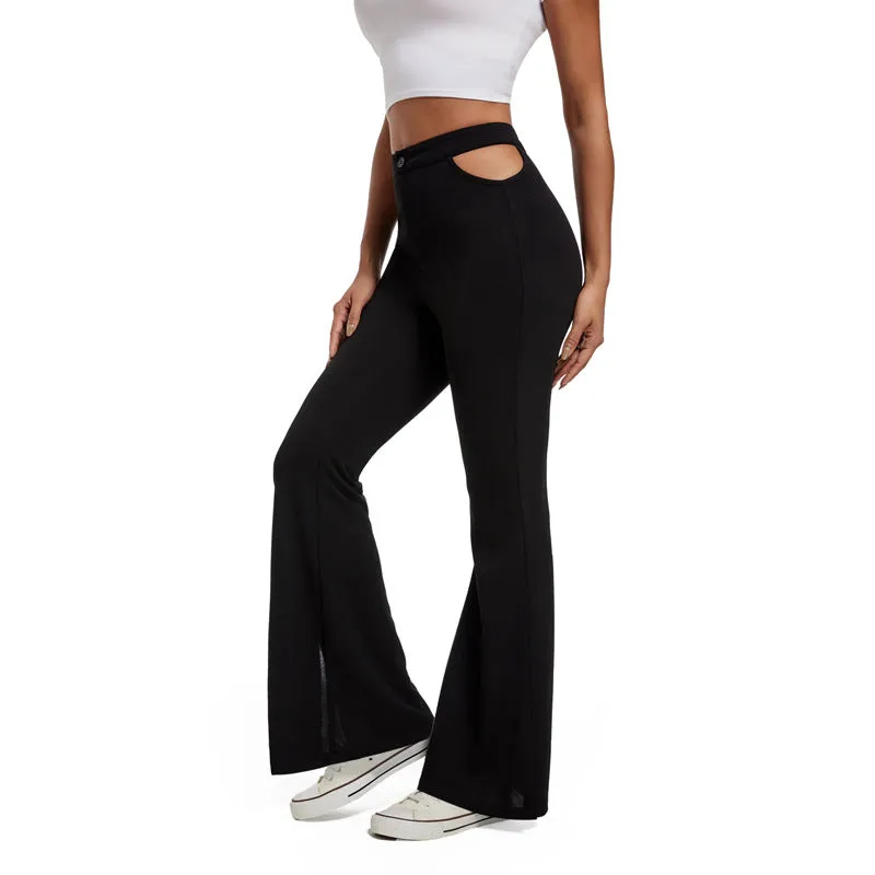 Women Clothing Ladies Waist Hollow Out Cutout Out Micro Pull Split Casual Trousers Solid Color Bell Bottom Pants