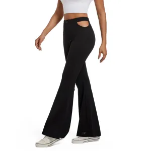 Women Clothing Ladies Waist Hollow Out Cutout Out Micro Pull Split Casual Trousers Solid Color Bell Bottom Pants