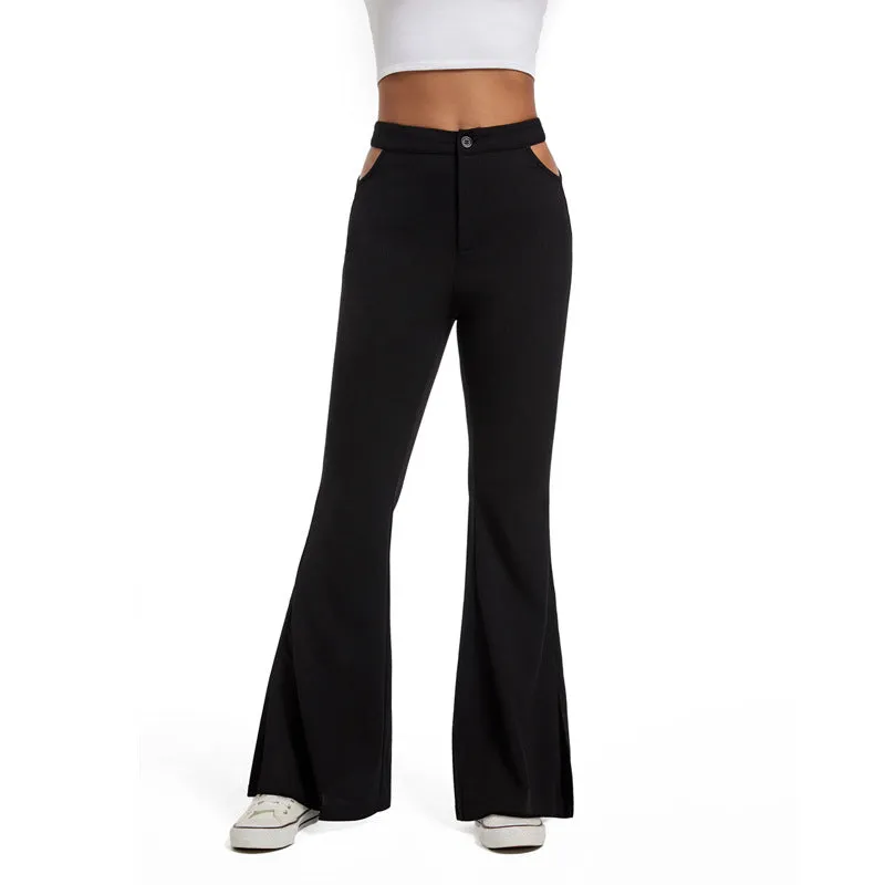 Women Clothing Ladies Waist Hollow Out Cutout Out Micro Pull Split Casual Trousers Solid Color Bell Bottom Pants