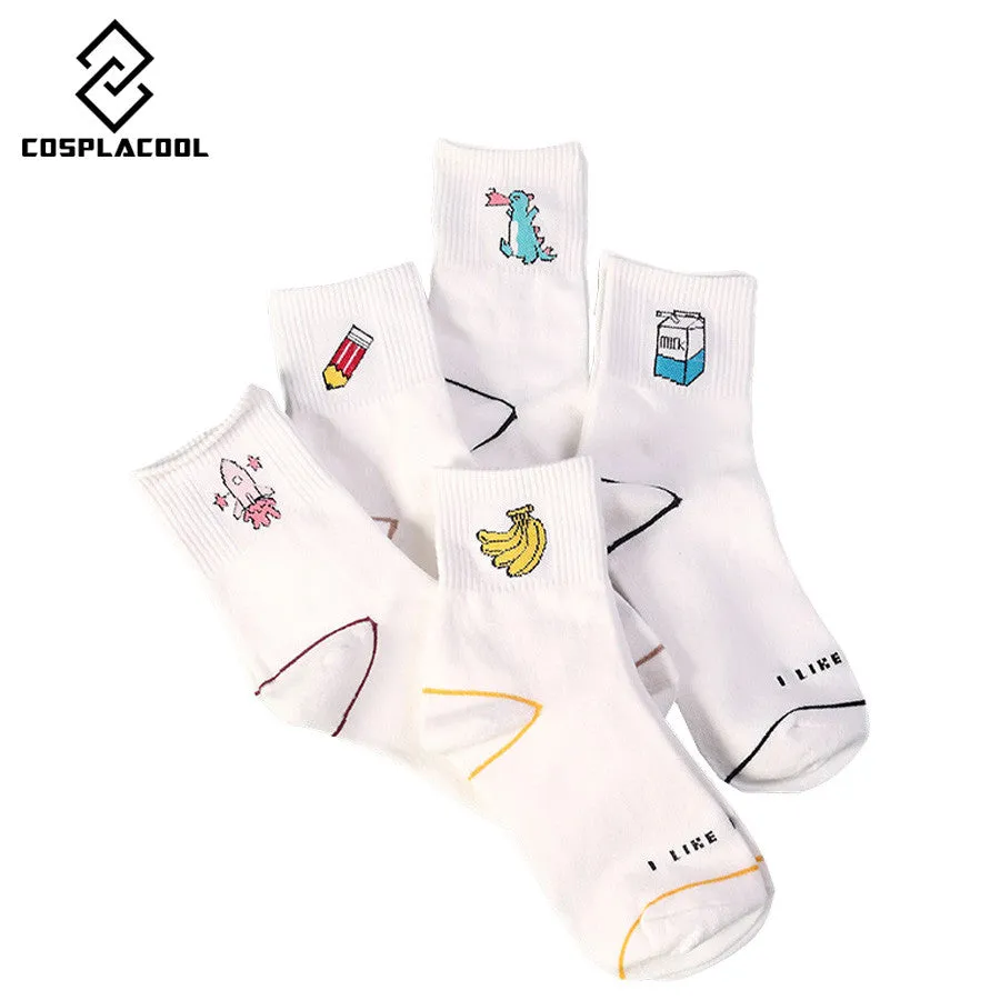 Women's Kawaii Milk Banana Dinosaur Pencil Rocket Cartoon Socks meias Novelty Illustration Letter White Cute Cotton Sock